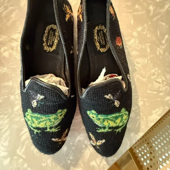 larkspur (very stubbs wootton) embroidered needlpoint FROG loafers 8 - Picture 2 of 4